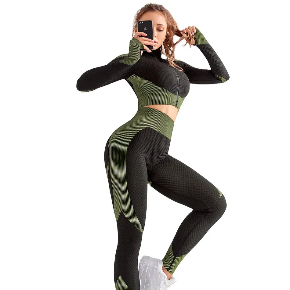 

wholesale slim comfortable new style gym wear jacquard yoga suit sport wear set for women quick dry tight sport set, Blackgreen,orangpink,purplered