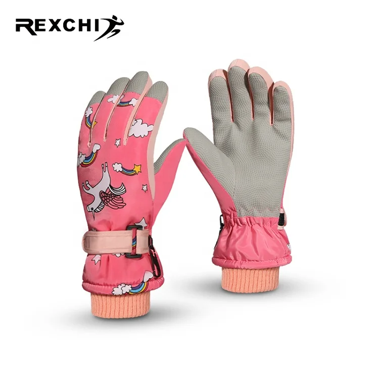 

REXCHI DRST21 Wholesale Customized Logo Snowing Skiing Waterproof Snowboard Ski Gloves Acrylic Pink Gloves for Kids Girls Boys, Has 4 colors