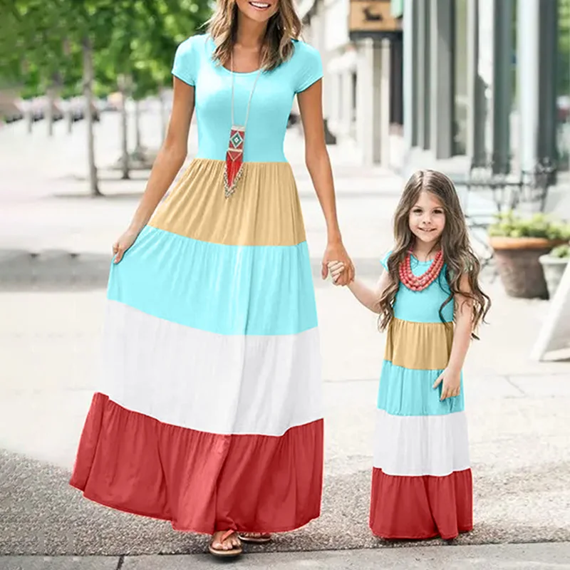 

2022 Hot Sell Mother and Daughter Clothing Family Matching Short Sleeve Color Block Kids Maxi Girls Dresses 2-12