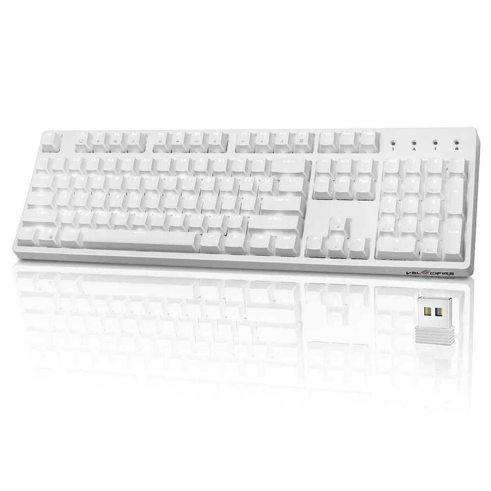 

Velocifire Hot Sellling White LED Wireless 104 Keys Typewriter Dual Mode Mechanical Keyboard, Black/white