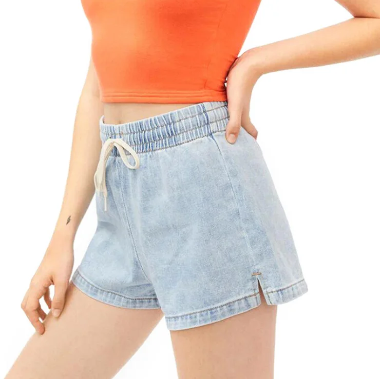 

Hot selling 2021 summer Multi-colored loose drawstring waist girls short jeans women's mid waist denim shorts, Light blue,dark blue, gray color,customized color