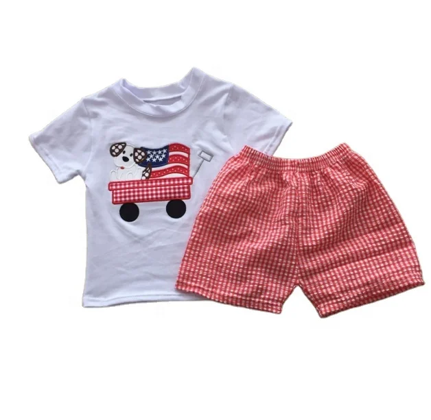 

2021 Wholesale summer children boutique kids clothes 4th of july patriotic embroidery boys clothing outfit sets