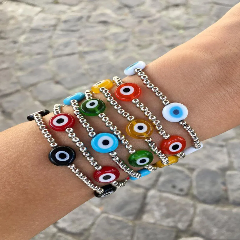 

Womens Novel Colored Glaze Eye Beaded Bracelet Gold and Silver Color