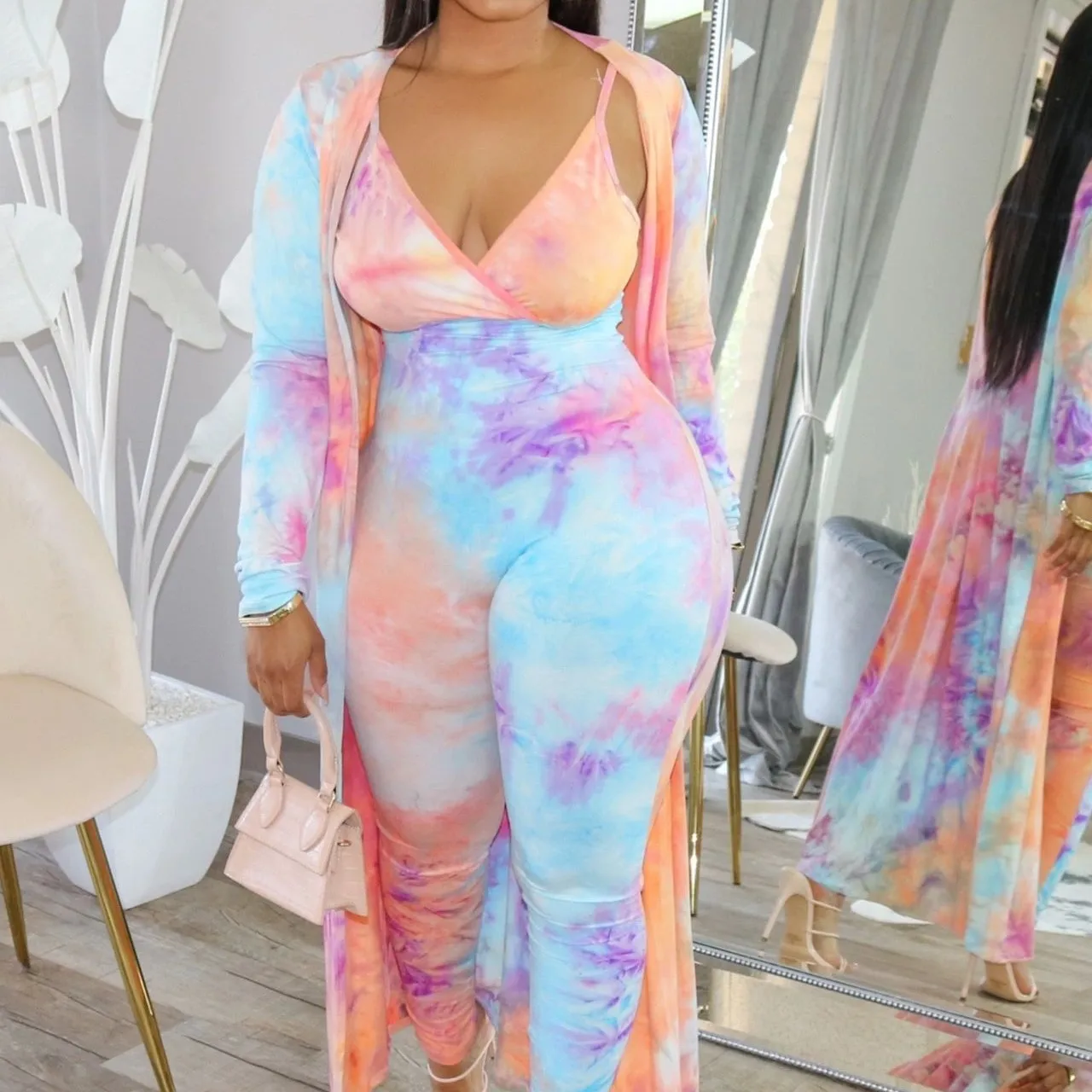 

2021 Fall Womens Clothes Tie Dye Chic Plus Size Long Sleeve Two Piece Sets Rompers Sleeveless Jumpsuits Sexy Jumpsuit For Women, Rose red,sky blue