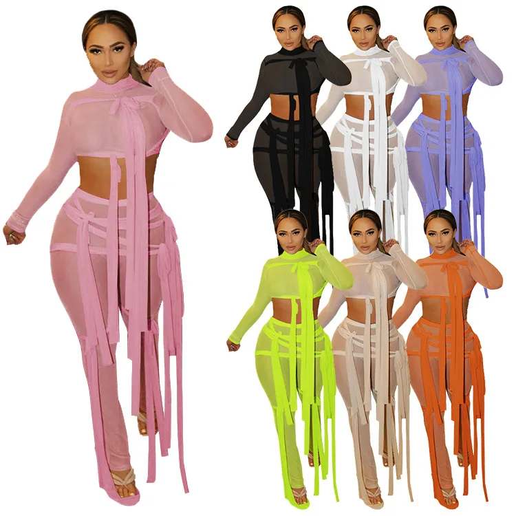 

women mesh see through tassel two piece set fashion women clear solid bandage summer crop top with pants outfit set, Custom choose