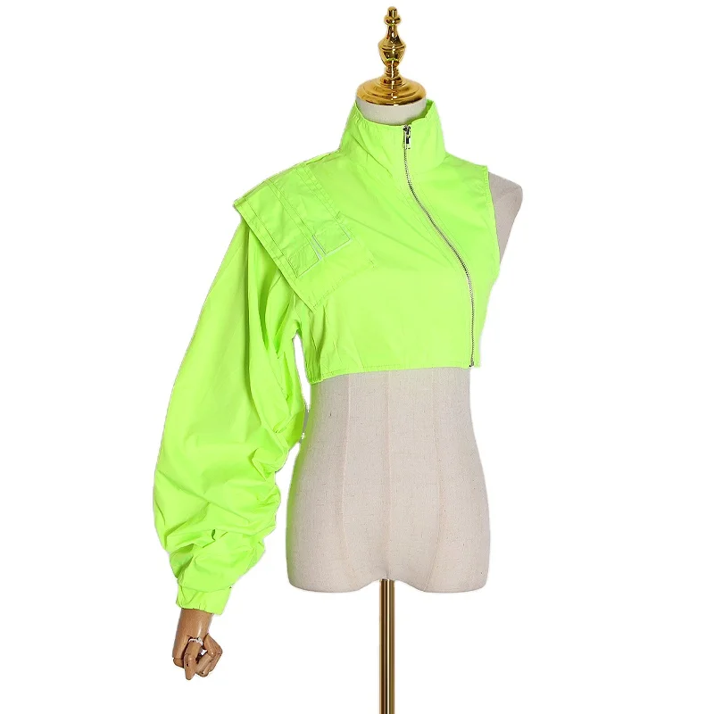 

TWOTWINSTYLE Casual Streetwear Patchwork Zipper Stand Collar Asymmetrical Sleeve Jacket