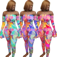 

Hot Sale Sexy Off Shoulder Flare Sleeves Geometric Printed Bodycon Women Jumpsuits