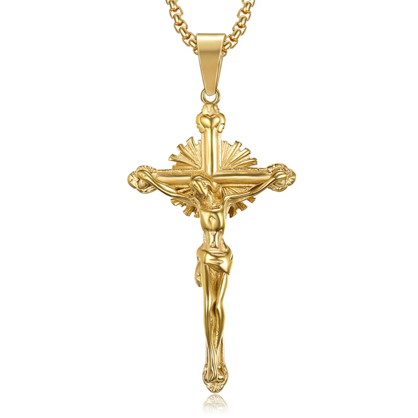 

Christian Jewellery 18K Gold Jesus Cross Necklace Mens Gold Orthodox Cross Crucifix Necklace With Square Chain