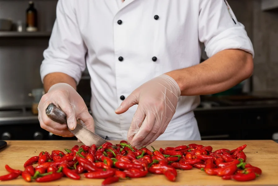 Chef wearing gloves while preparing chili peppers for oil infusion