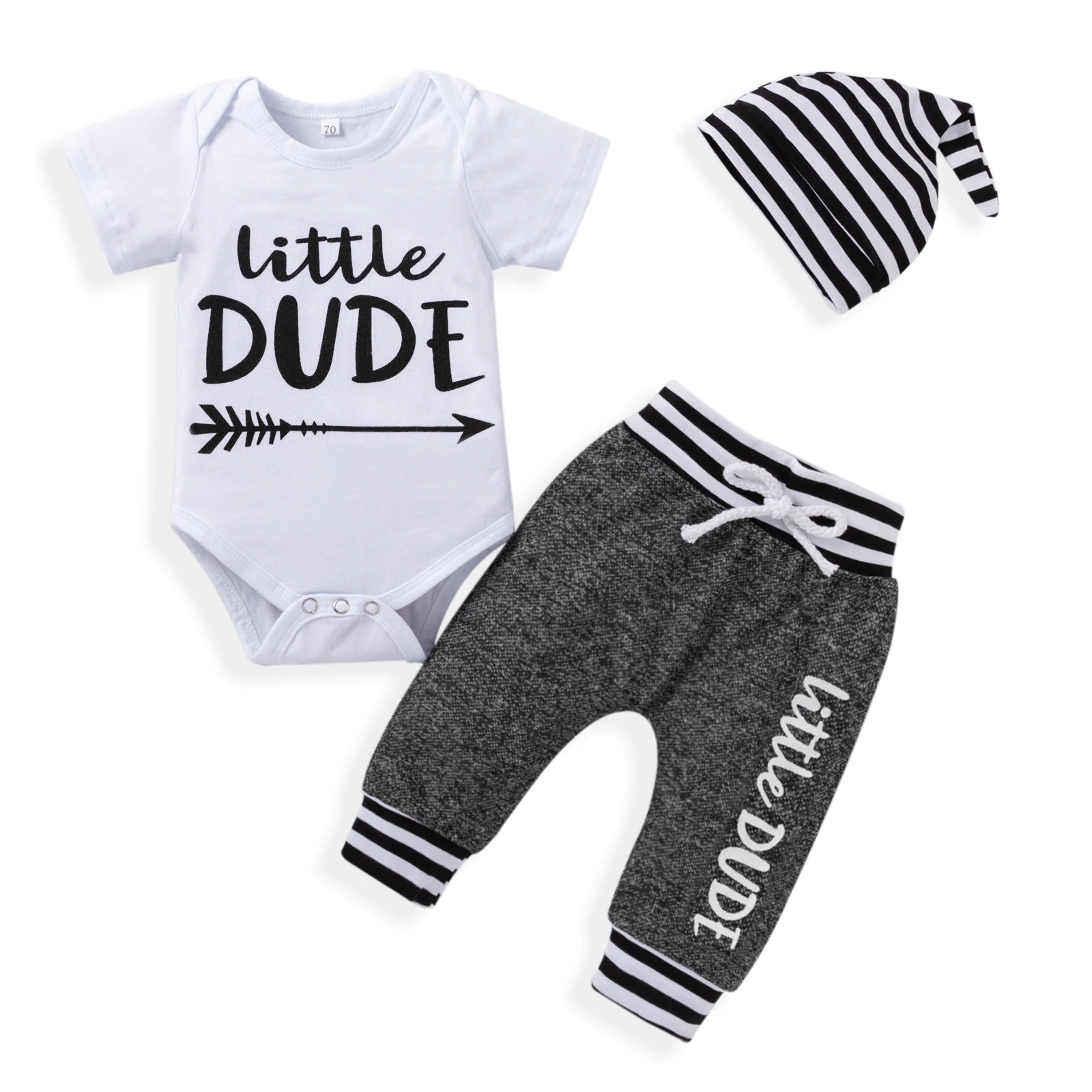 

Hot sale baby boy clothing sets 3 pieces pant hat baby boy rompers, Picture shows
