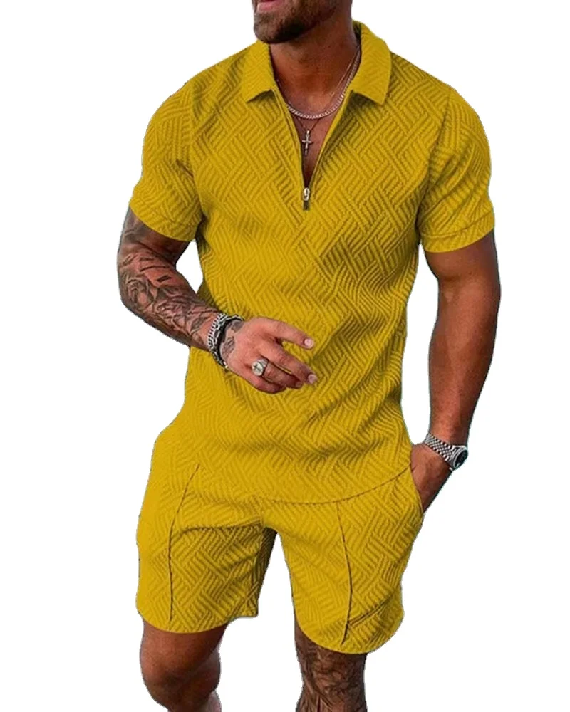 

US Size Mens Short Sleeve Casual Polo Shirt and Shorts Sets Two Piece Outfits Zip Polo Jogging Suit Tracksuit Shorts Set for Men