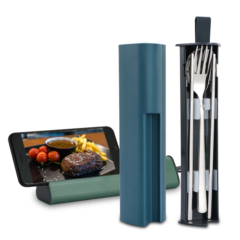 

Fashion Cutlery Box Countertop Phone Holder Korean style Chopsticks Spoon Fork 3Pcs Travel Cutlery With Case, Silver.blue.green.grey.white