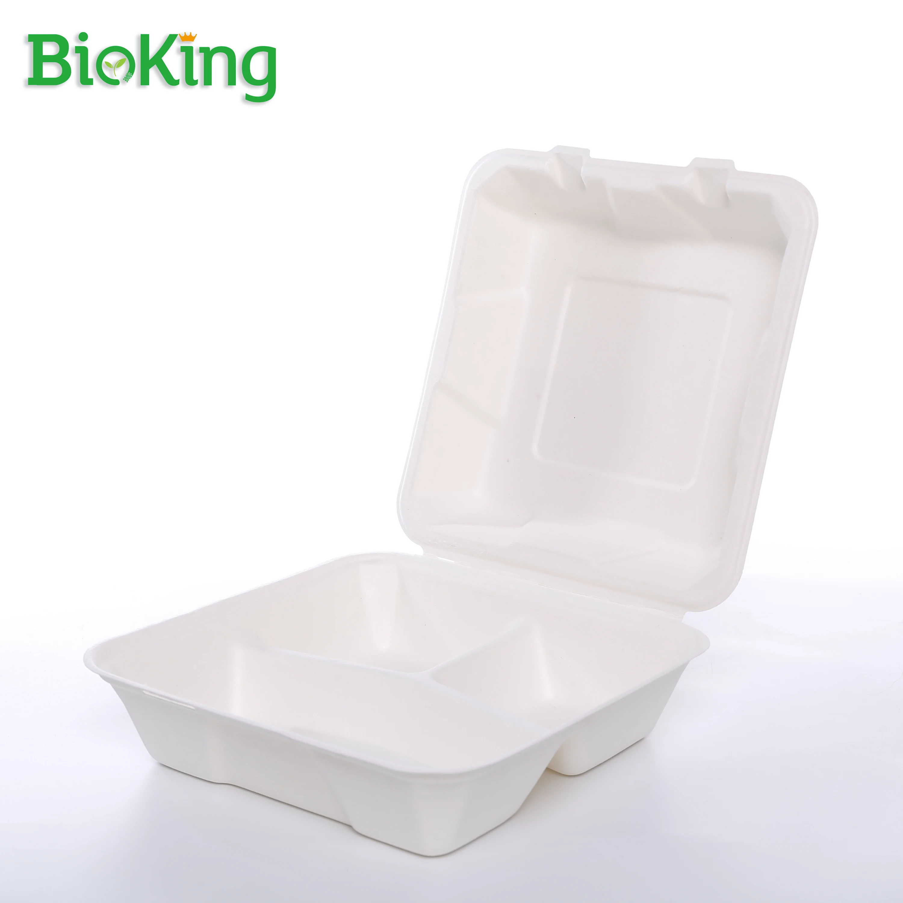 

BioKing sugarcane bagasse pulp biodegradable and compostable 8x8inch 3 compartment clamshell, Bleached;natural