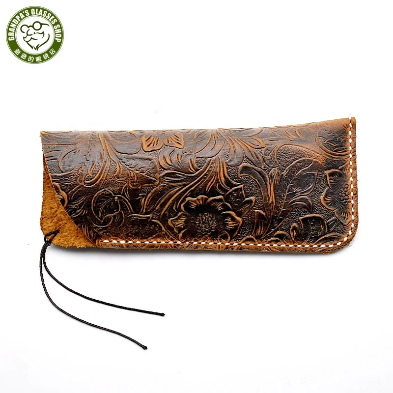 

High quality Retro Trend Fashion printing Genuine leather glasses case Portable handmade First Layer cowhide sunglasses case