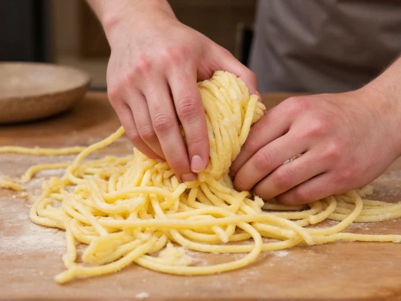 Hand-kneading fresh noodle dough on wooden board