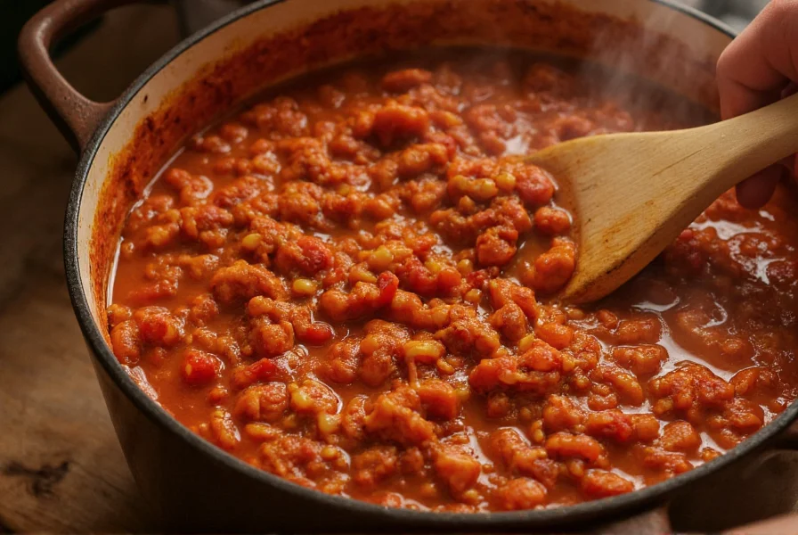 Chili simmering in cast iron pot