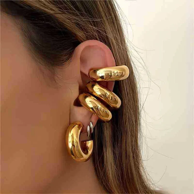 

G2161 Punk Style 18K Gold Plated Earring Stainless Steel Thick Hollow Hoop Earrings Clip Wide Tube Chunky Ear Cuff for Women