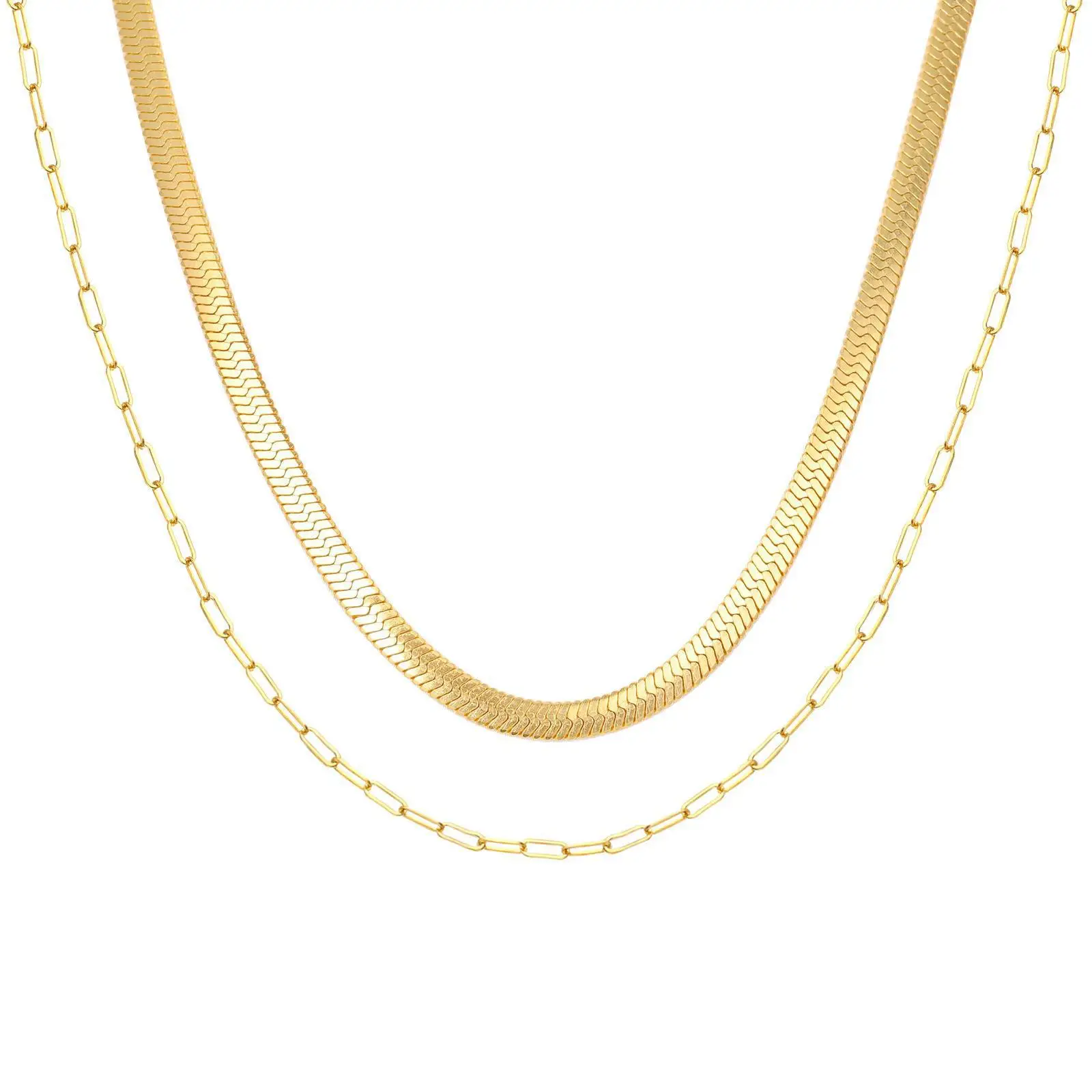 

18K PVD Gold Plated Herringbone Paper link Layered Necklace 2 Rows Necklace Wholesale