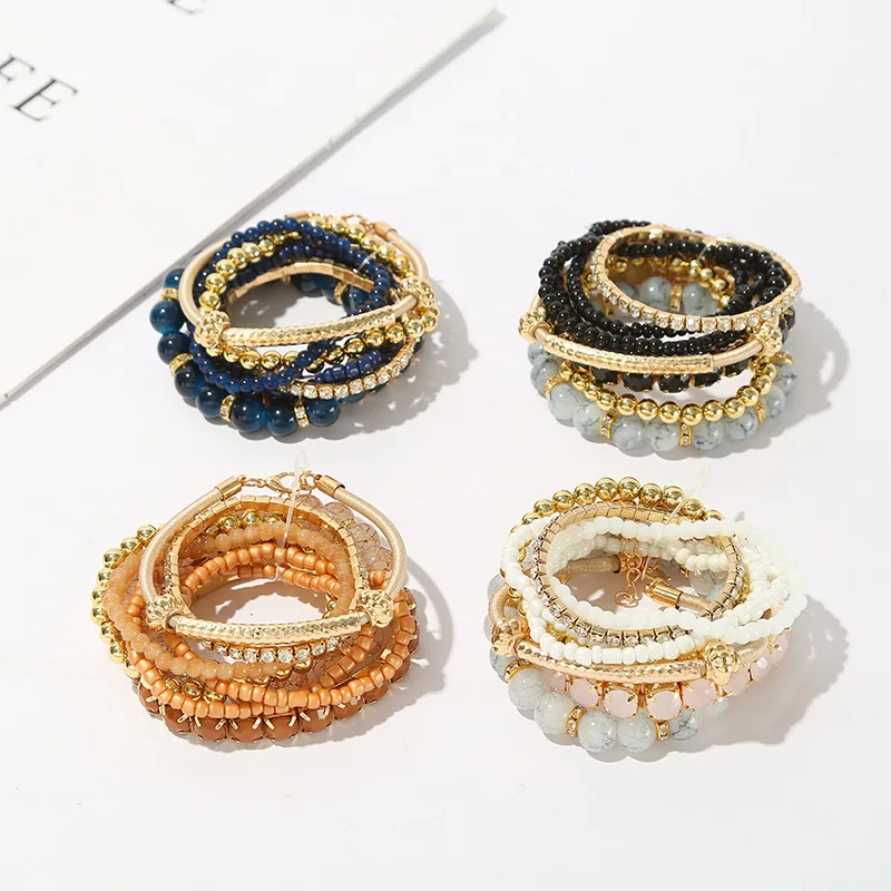 

European And American Multilayer Glass Bead Crystal Bracelet Elastic Set Bracelet Cross-Border Bracelet