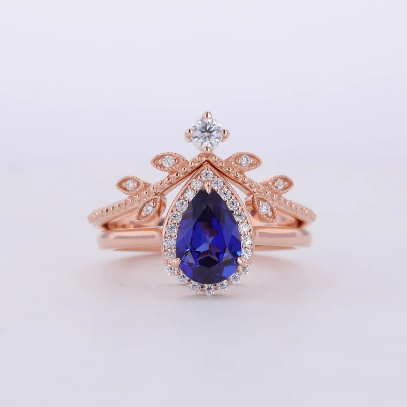 

14K Rose gold Royal Blue Color lab sapphire Pear shape with Moissanite band ring set