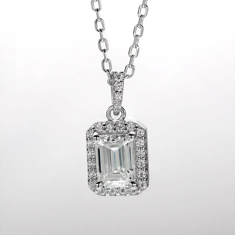 

5x7mm Emerald Cut Moissanite Pendant Necklace For Women Top Quality 100% 925 Sterling Silver Wedding Party Classic Halo Pendant