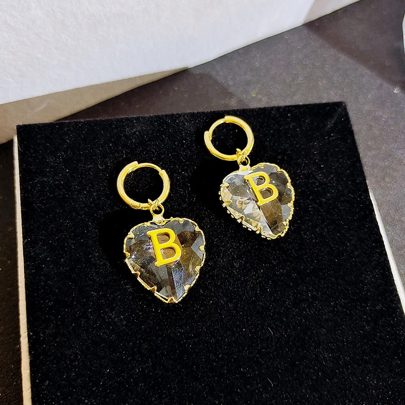 

Personality High Quality Letter B Heart Earrings 18k Gold Plated Crystal Heart Clip On Earring For Girls