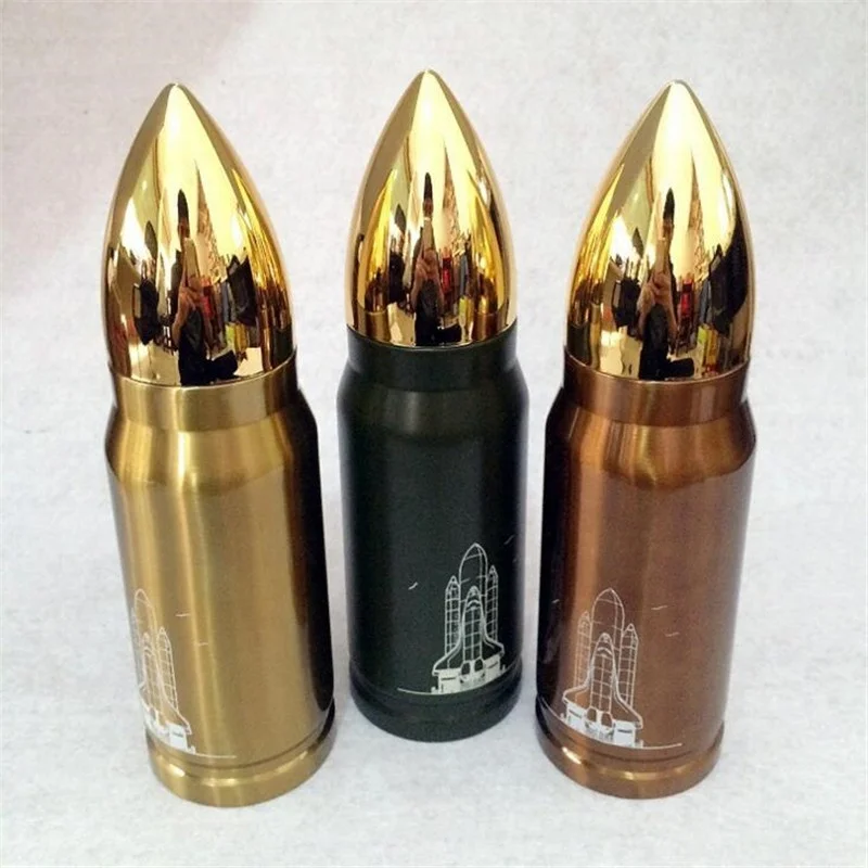 

500 Ml Thicken Double Wall Stainless Steel Water Bottles Vacuum Military Bullet Shape Thermos, Gold /army green/ copper color