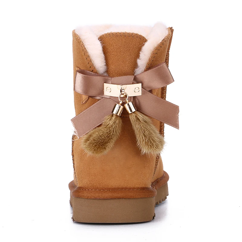 

2020 logo plain black faux fur ladies custom winter snow shoes boots with bows