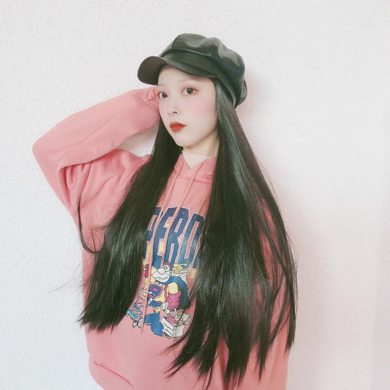 

Dropshipping Wig Hat Integrated Female PU Leather Navy Style Octagonal Cap Long Straight Hair Chemical Fiber Wig