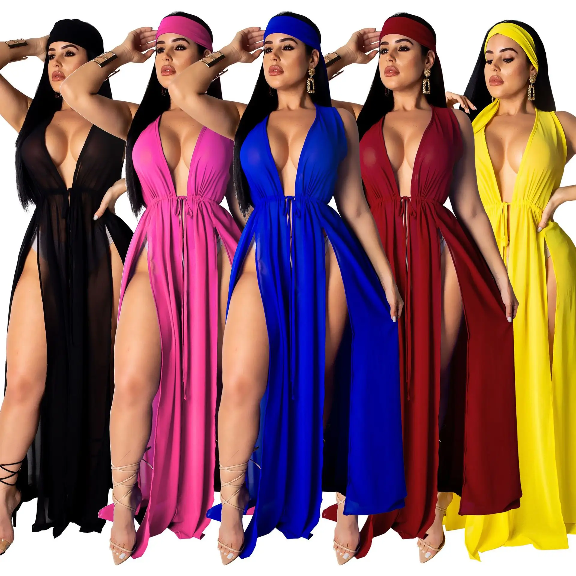 

2021 Hotsale Women Summer Sexy See Through Bikini Chiffon Cover Up Swimsuit Beach Maxi Dress Swimsuit Coverup Trending Swimsuits, Picture color