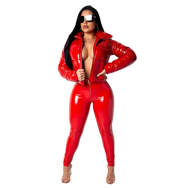 

Women Coat Bread Down Cotton Ladies Bright Leather Short Windproof Jacket Women'S Cotton Padded Coat Plus Size 3XL Red