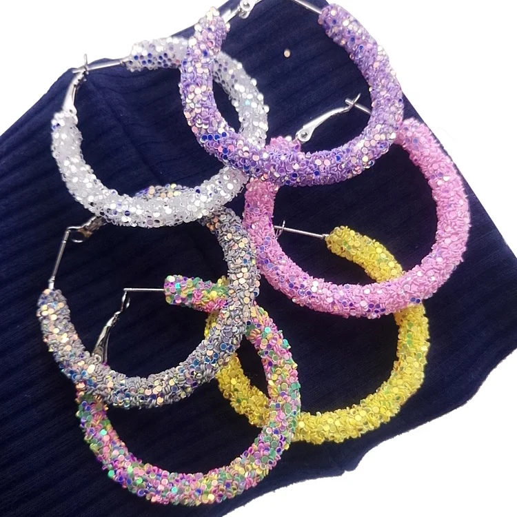 

Fashion Bling Bling Earrings 45mm Glitter Sequin Hoop Earrings, 6 colors