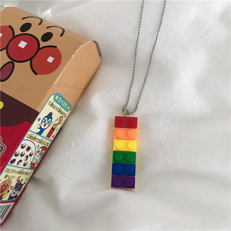 

Korean ins rainbow building block ball chain necklace rectangle personality soil cool girl hiphop men women unisex necklace, Picture
