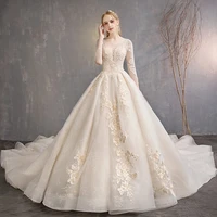 

Plus Size Luxury Bridal Gown Lace Wedding Dress Long Sleeve A Line Chapel Train Wedding Dresses