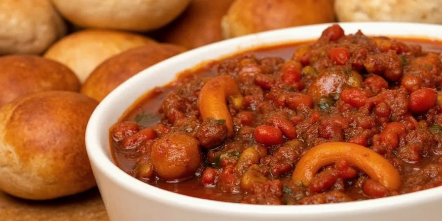 Choco-Chili Beef Bomb served in a rustic bowl