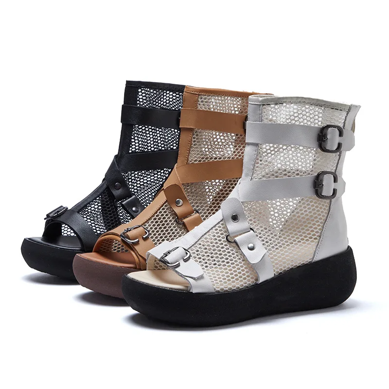 

Hand made breathable High top Ladies leather shoes women cool boots, 3 color