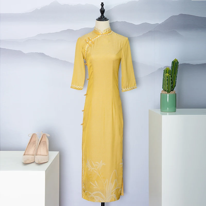 

Qipao Traditional Clothing Costume Dress Qipao Girls Traditional Qipao Cheongsam Classical Old Fashion Chinese Women Ethnic OEM, Yellow