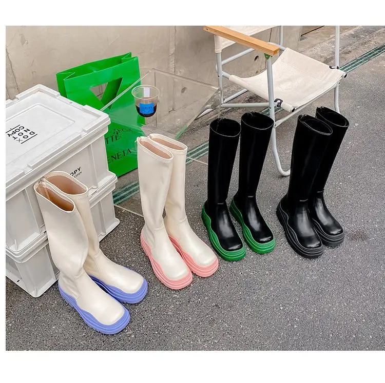 

New model shoes 2021 winter popular designers women leather knee high boots new arrivals 2021, White pink/white purple/black green/black