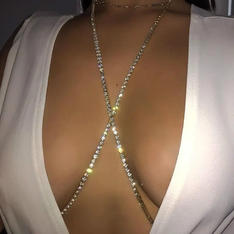 

YD Jewelry 2021 Newest cross bra chain bikini beach jewelry sexy rhinestone belly chain body jewelry for women, Silver color/gold color