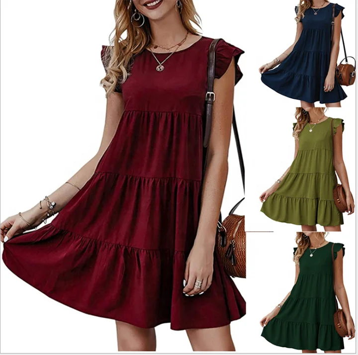 

O Neck Ruffled Tiered Dress,Sleeveless Solid Pleated Midi Causal Dress, Picture