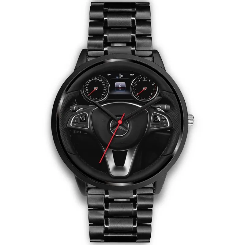 

New Arrival Popular Steel Band Steering Wheel Speedometer 2D Car Rims Watches Lower MOQ, Black