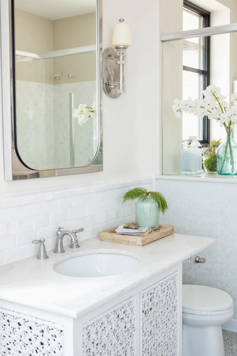 Modern minimalist bathroom with kid-friendly storage