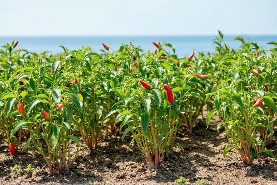 Outer Banks garden with thriving chili pepper plants in coastal soil with ocean in background