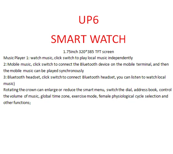 

UP6 Smart Watch IP68 Waterproof Double Button Mp3 Music Stroage Player 1.75inch Smartwatch UP6