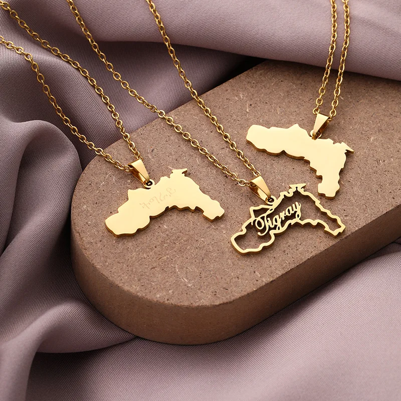 

Fashion Stainless Steel Ethiopia Tigray District Map Pendant Necklace Personalized Gold Plated African Men Women Necklace, As picture