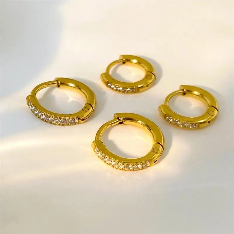 

10mm 12mm18k Gold Plated Huggies Earrings Jewelry joyas de acero inoxidable Stainless Steel Zircon Hoop Earrings For Women