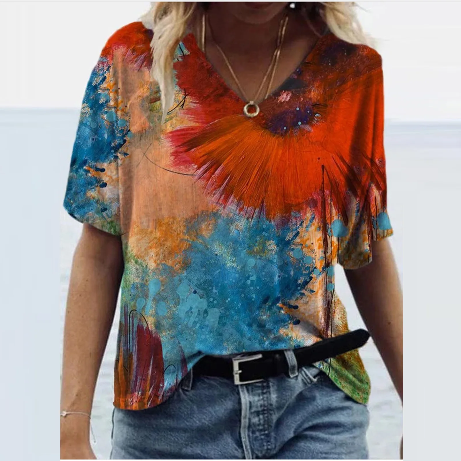 

GZ-YCX010 New Design Women Short Sleeve V Neck Shirt Fashion Abstract Painting Digital Printing Ladies T Shirt