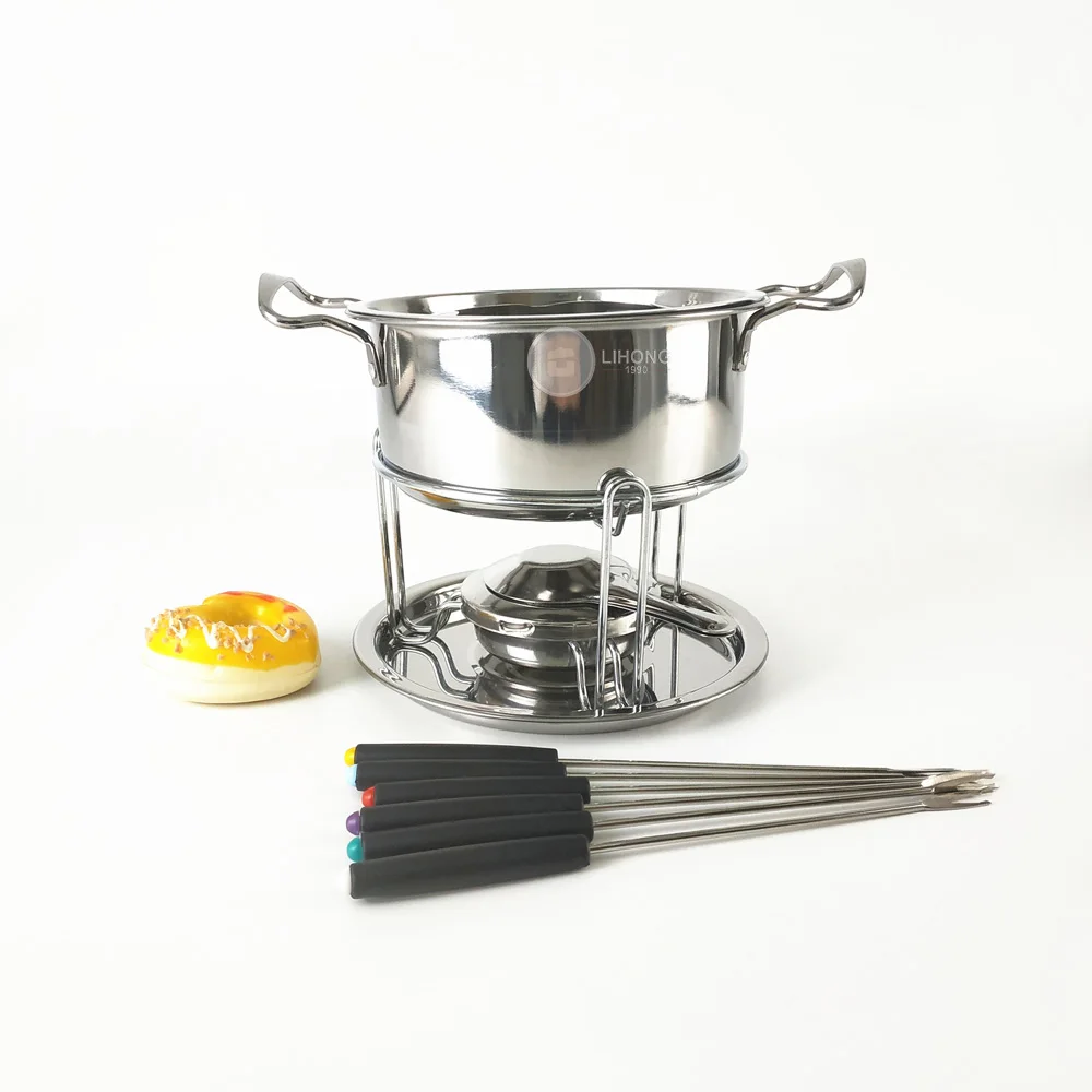 Home Presence Stainless Steel Fondue Set Metal Pot With Fuel Burner And 6 Forks Included Buy