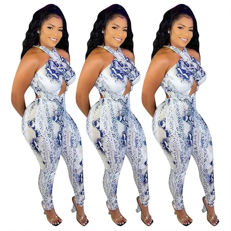 

MOEN Good Quality Backless Bandage Bodycon Jumpsuit Women Haiter Snakeskin Printed Sleeveless One Piece Women Jumpsuit