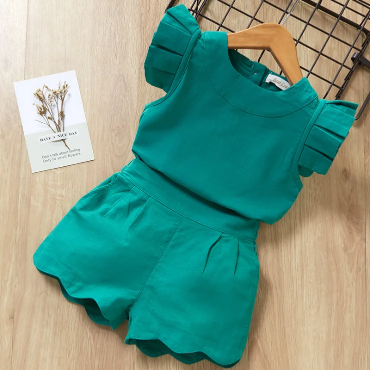 

2019 Wholesale Kids Summer Boutique Clothes Girls T-shirt+Shorts Clothing Set, Green, pink